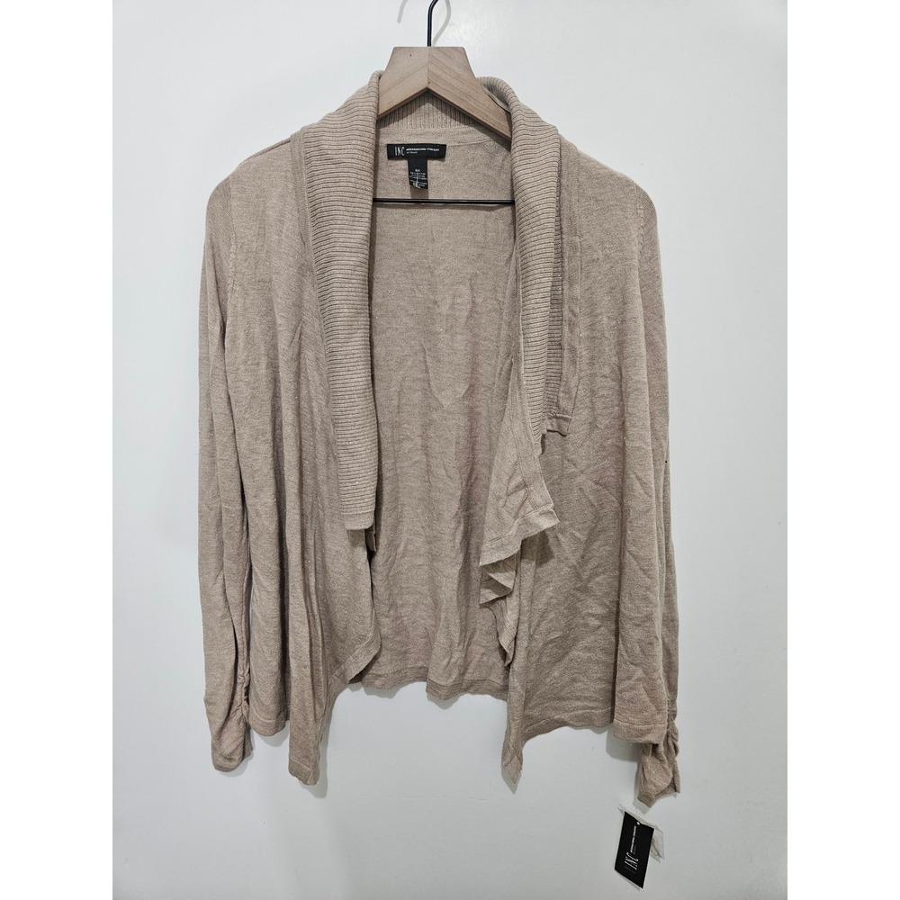 INC International Concepts Tan Metallic Draped Open Front‎ Cardigan Plus Size 0X